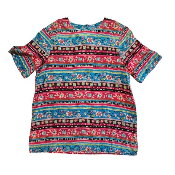 Vintage 90s Alfred Dunner Silk Top‎ Short Sleeve Aztec Floral Flowy Red Blue 10 - Picture 12 of 16